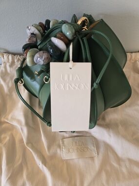 Ulla Johnson Green Leather Beaded Handle Bucket Bag